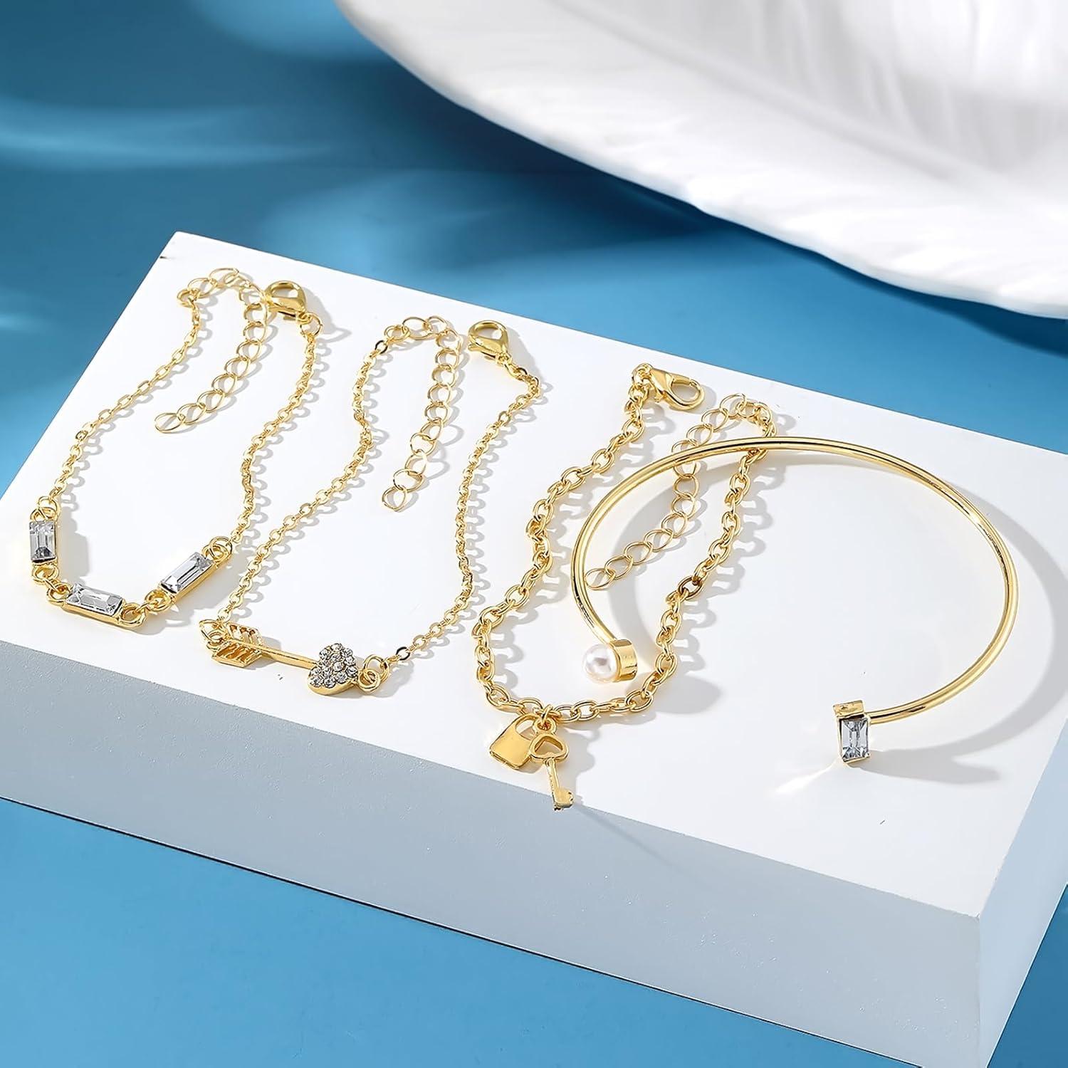 image17IF 4 Pcs Gold Bangle Bracelet for Women Dainty 14k Chunky Trendy Hand Cuff Jewelry Set Charm Stack Accessories Link Adjustable Wrist for Aesthetic OutfitKeyLock