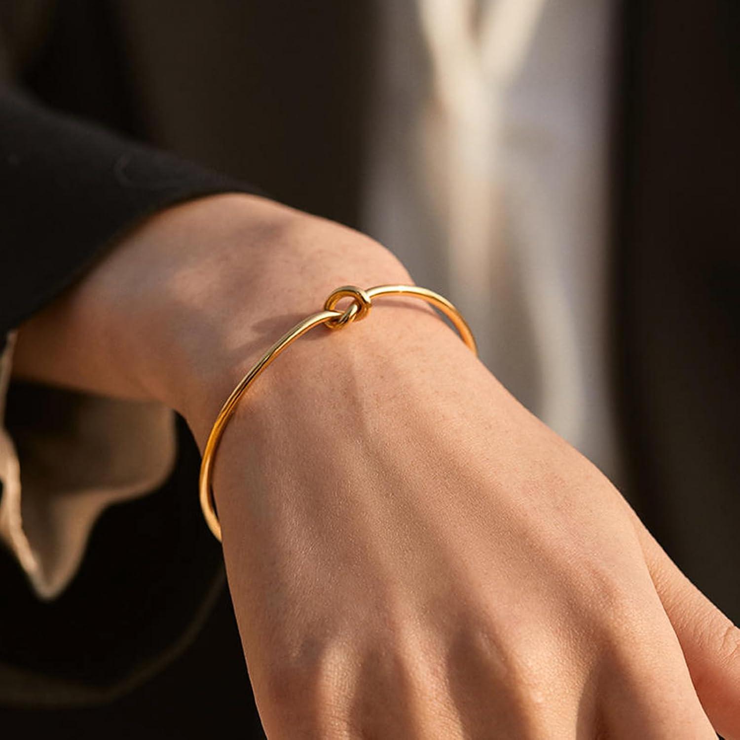 image17IF 4 Pcs Gold Bangle Bracelet for Women Dainty 14k Chunky Trendy Hand Cuff Jewelry Set Charm Stack Accessories Link Adjustable Wrist for Aesthetic OutfitStarHeart