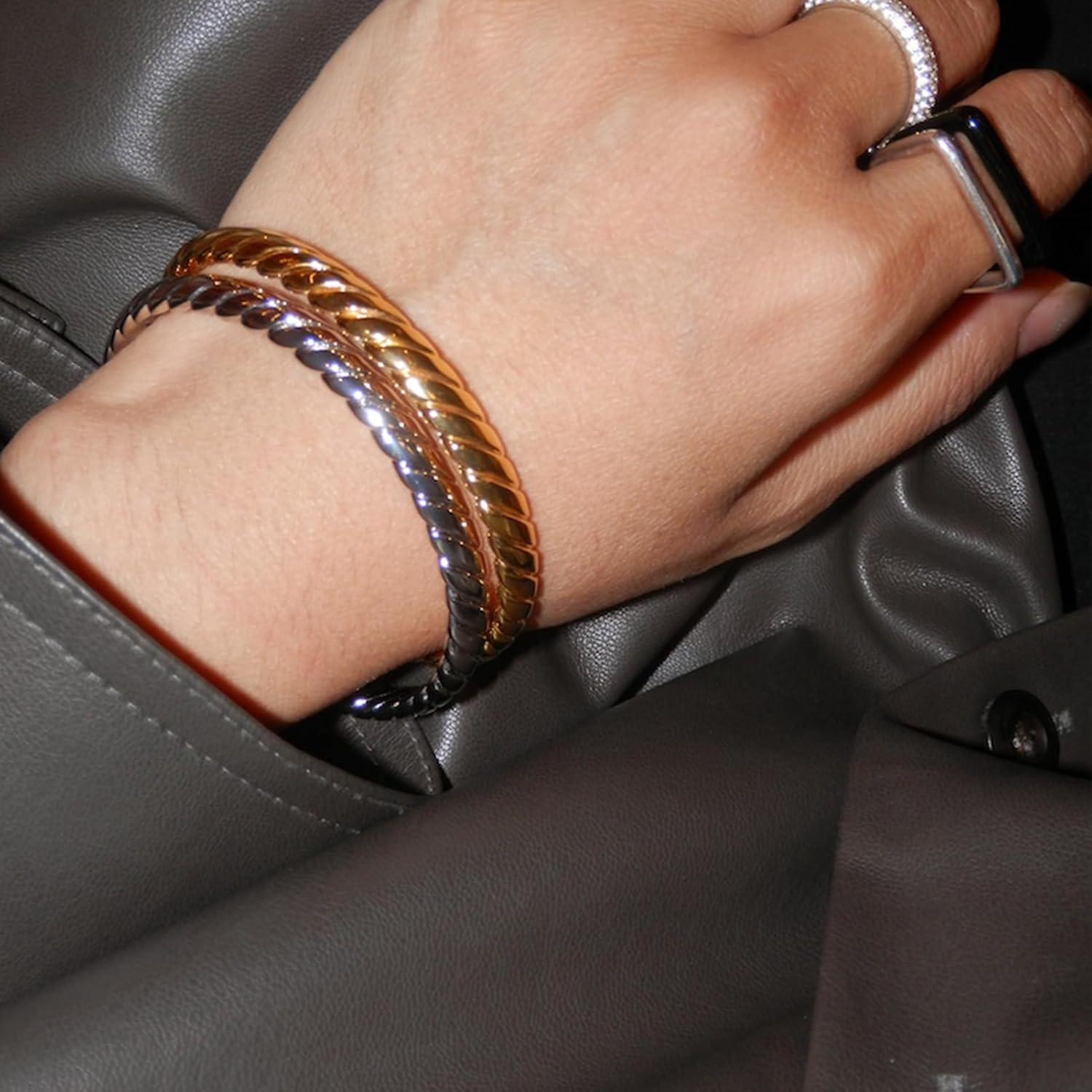 image17IF 4 Pcs Gold Bangle Bracelet for Women Dainty 14k Chunky Trendy Hand Cuff Jewelry Set Charm Stack Accessories Link Adjustable Wrist for Aesthetic OutfitBlack