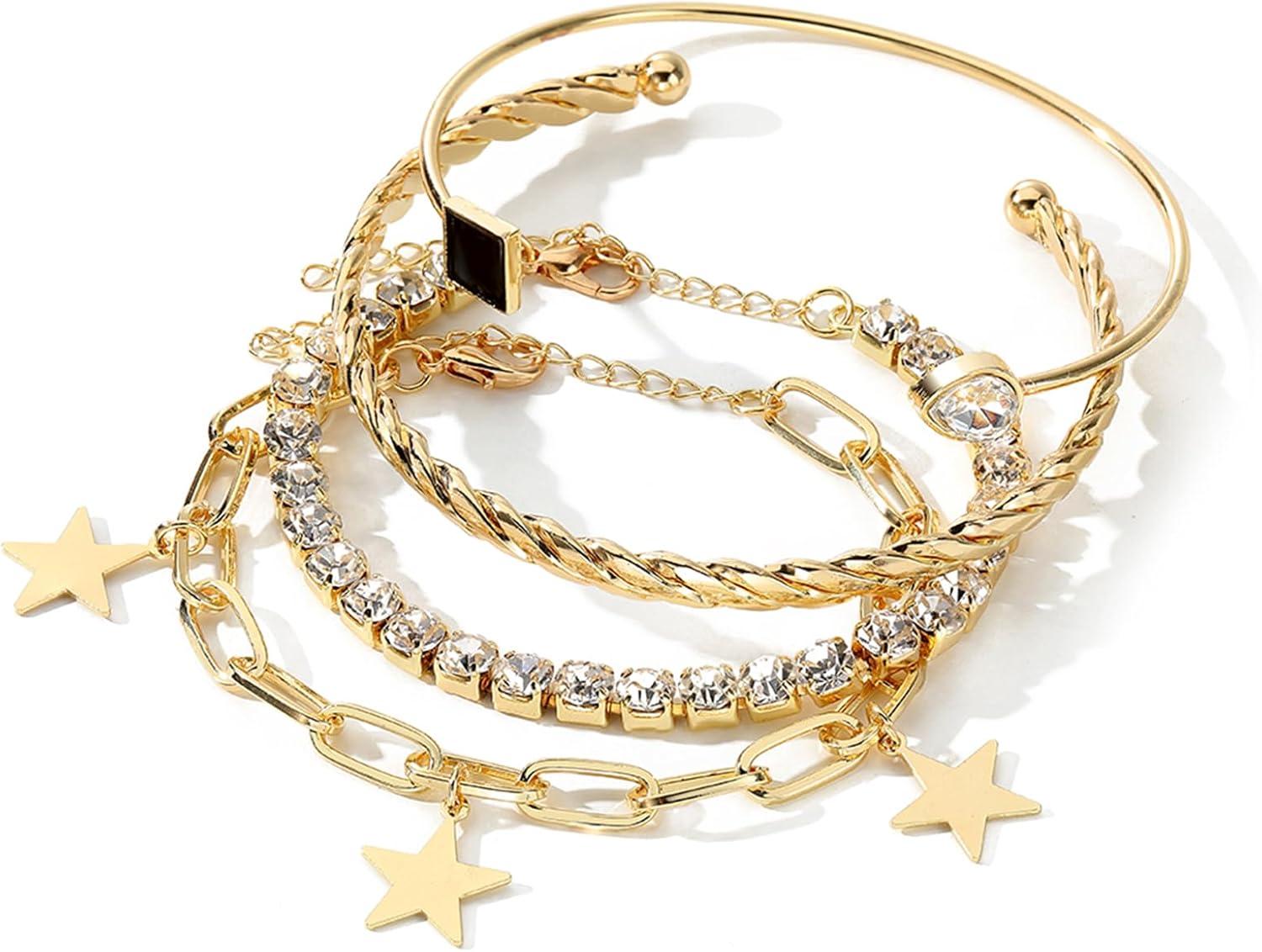 image17IF 4 Pcs Gold Bangle Bracelet for Women Dainty 14k Chunky Trendy Hand Cuff Jewelry Set Charm Stack Accessories Link Adjustable Wrist for Aesthetic OutfitBlack
