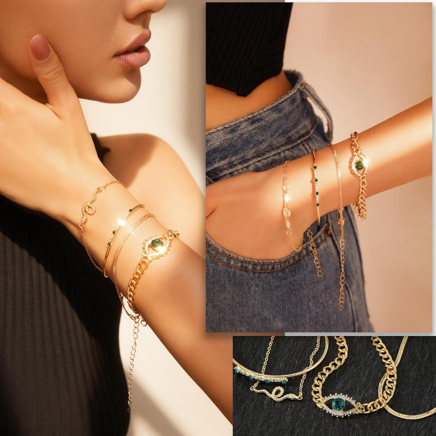 image17IF 4 Pcs Gold Bangle Bracelet for Women Dainty 14k Chunky Trendy Hand Cuff Jewelry Set Charm Stack Accessories Link Adjustable Wrist for Aesthetic OutfitEvilEyes