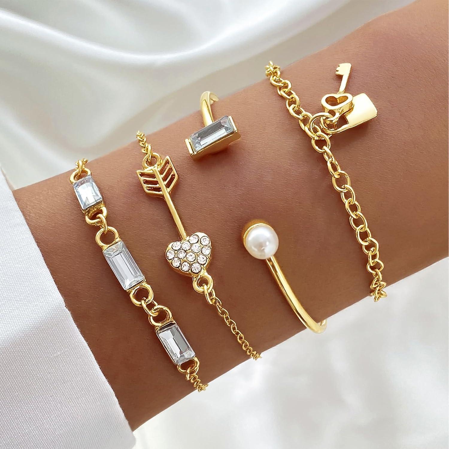 image17IF 4 Pcs Gold Bangle Bracelet for Women Dainty 14k Chunky Trendy Hand Cuff Jewelry Set Charm Stack Accessories Link Adjustable Wrist for Aesthetic OutfitKeyLock