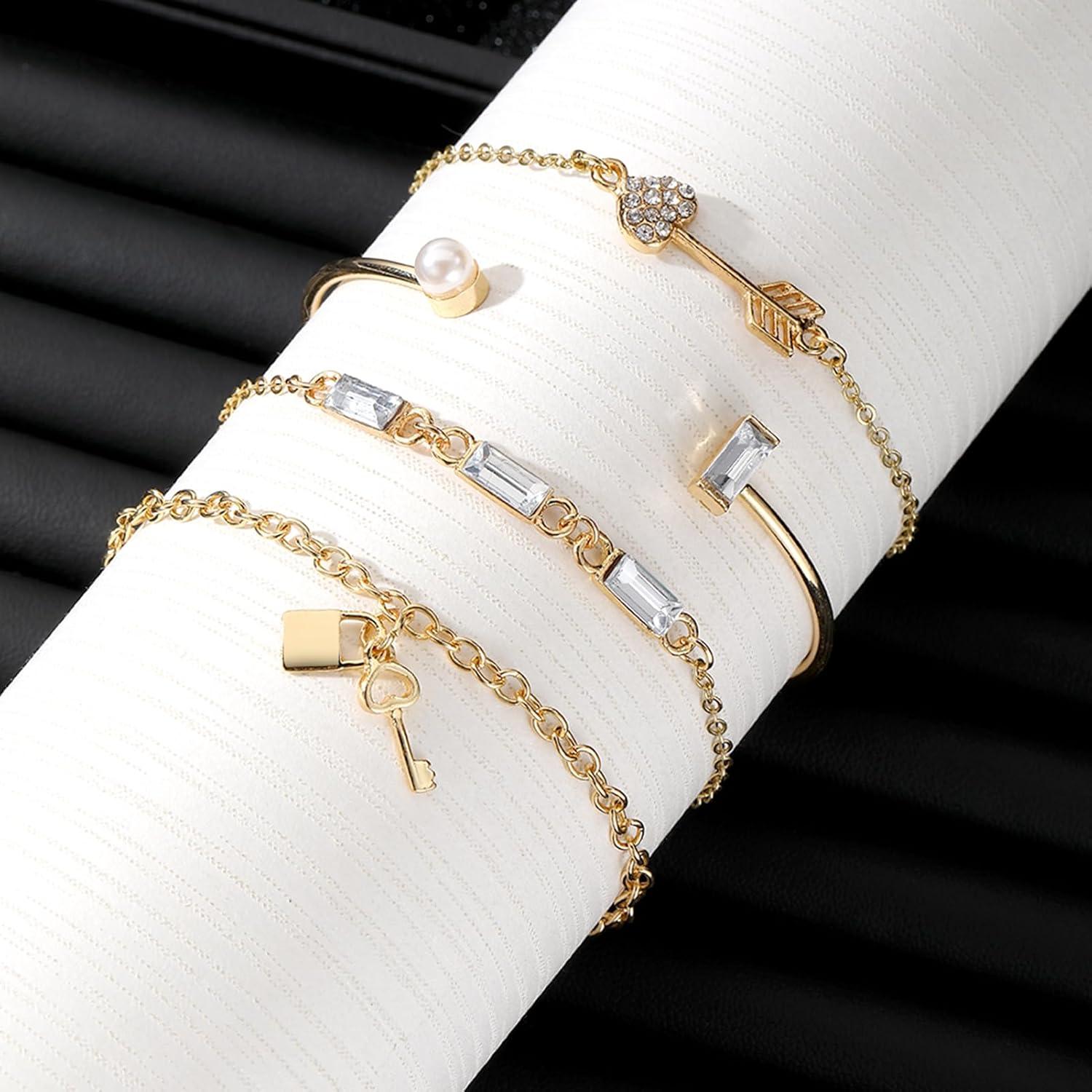 image17IF 4 Pcs Gold Bangle Bracelet for Women Dainty 14k Chunky Trendy Hand Cuff Jewelry Set Charm Stack Accessories Link Adjustable Wrist for Aesthetic OutfitKeyLock