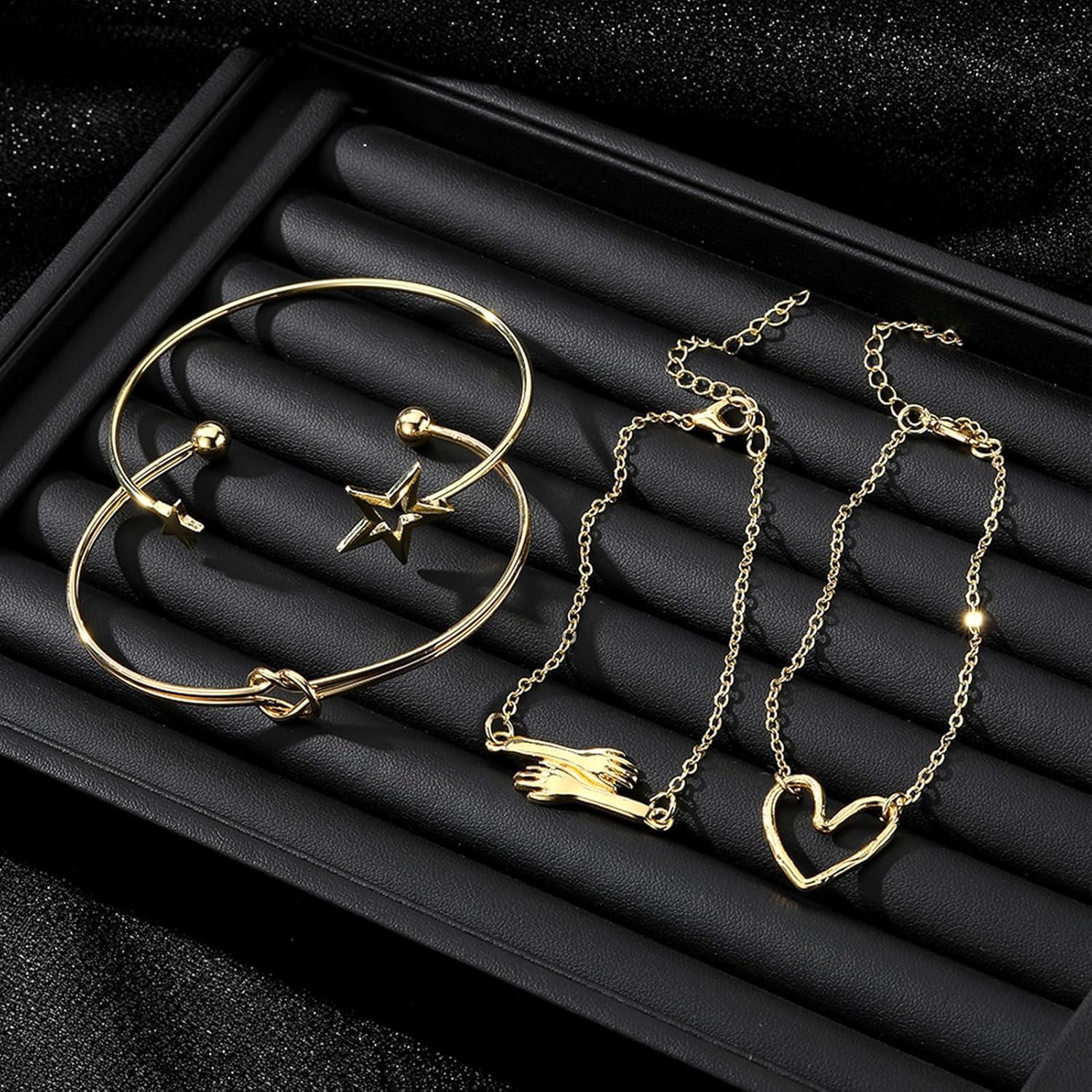 image17IF 4 Pcs Gold Bangle Bracelet for Women Dainty 14k Chunky Trendy Hand Cuff Jewelry Set Charm Stack Accessories Link Adjustable Wrist for Aesthetic OutfitStarHeart