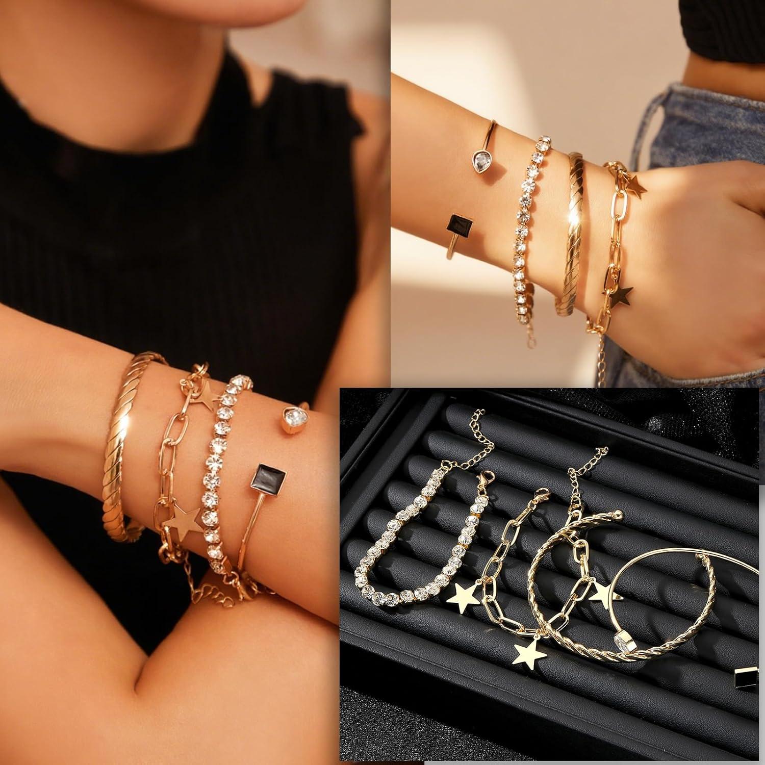 image17IF 4 Pcs Gold Bangle Bracelet for Women Dainty 14k Chunky Trendy Hand Cuff Jewelry Set Charm Stack Accessories Link Adjustable Wrist for Aesthetic OutfitBlack