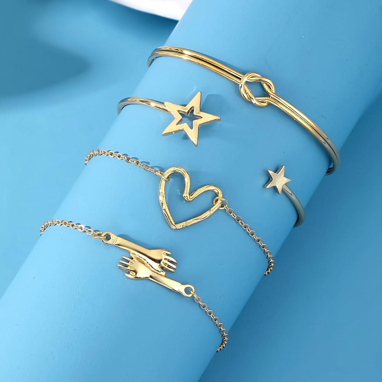image17IF 4 Pcs Gold Bangle Bracelet for Women Dainty 14k Chunky Trendy Hand Cuff Jewelry Set Charm Stack Accessories Link Adjustable Wrist for Aesthetic OutfitStarHeart