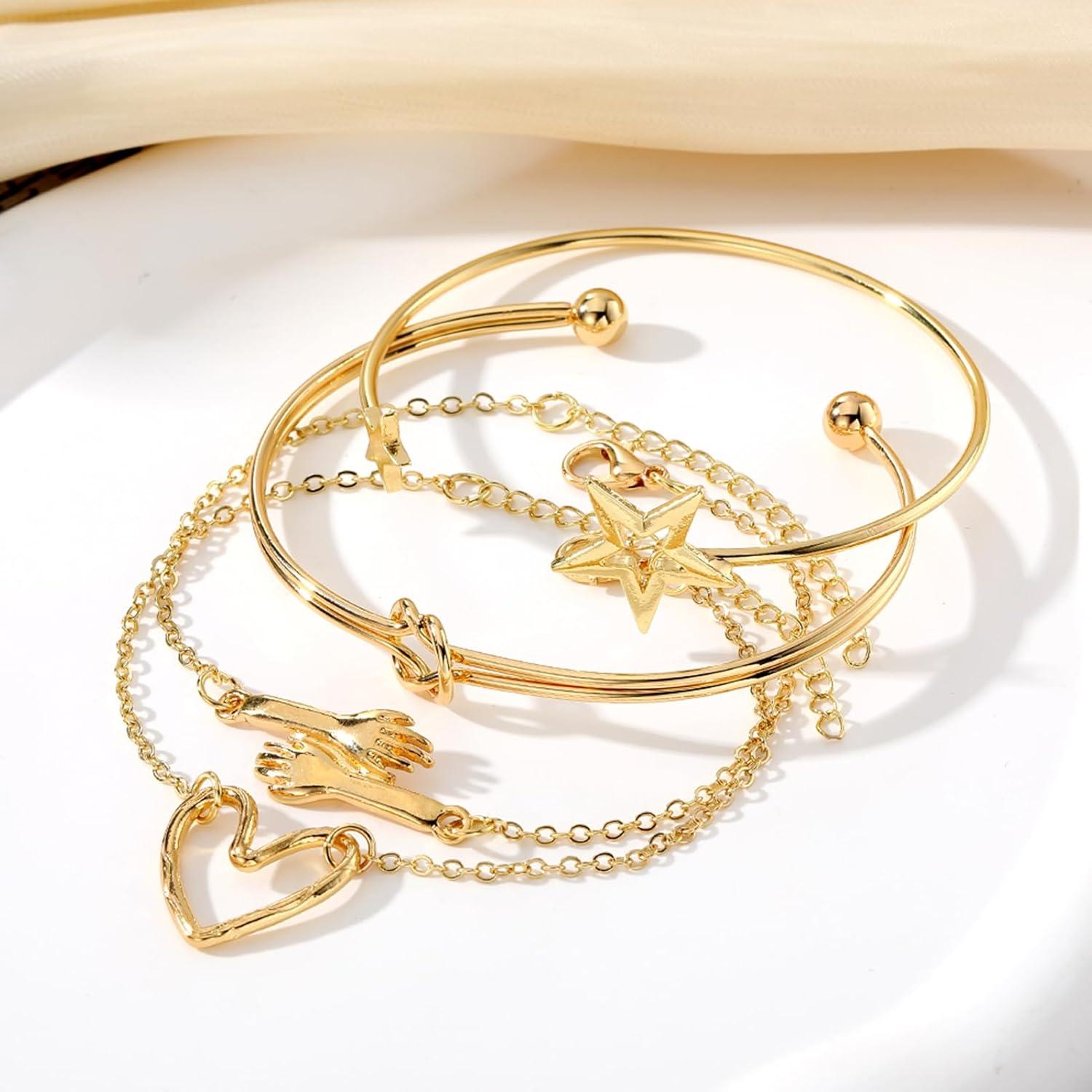 image17IF 4 Pcs Gold Bangle Bracelet for Women Dainty 14k Chunky Trendy Hand Cuff Jewelry Set Charm Stack Accessories Link Adjustable Wrist for Aesthetic OutfitStarHeart