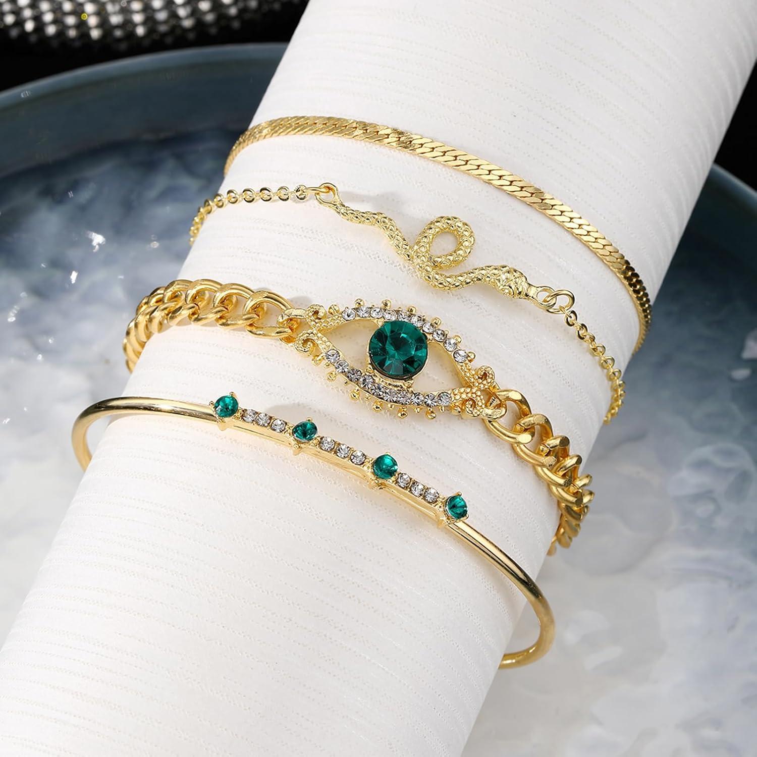 image17IF 4 Pcs Gold Bangle Bracelet for Women Dainty 14k Chunky Trendy Hand Cuff Jewelry Set Charm Stack Accessories Link Adjustable Wrist for Aesthetic OutfitEvilEyes