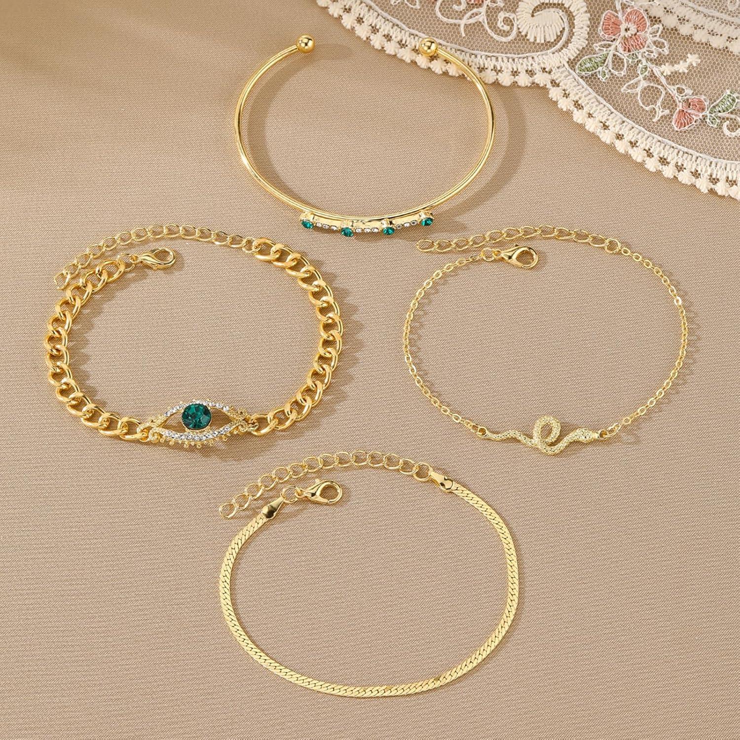 image17IF 4 Pcs Gold Bangle Bracelet for Women Dainty 14k Chunky Trendy Hand Cuff Jewelry Set Charm Stack Accessories Link Adjustable Wrist for Aesthetic OutfitEvilEyes