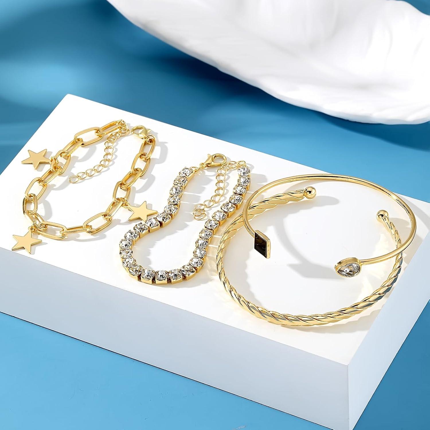 image17IF 4 Pcs Gold Bangle Bracelet for Women Dainty 14k Chunky Trendy Hand Cuff Jewelry Set Charm Stack Accessories Link Adjustable Wrist for Aesthetic OutfitBlack