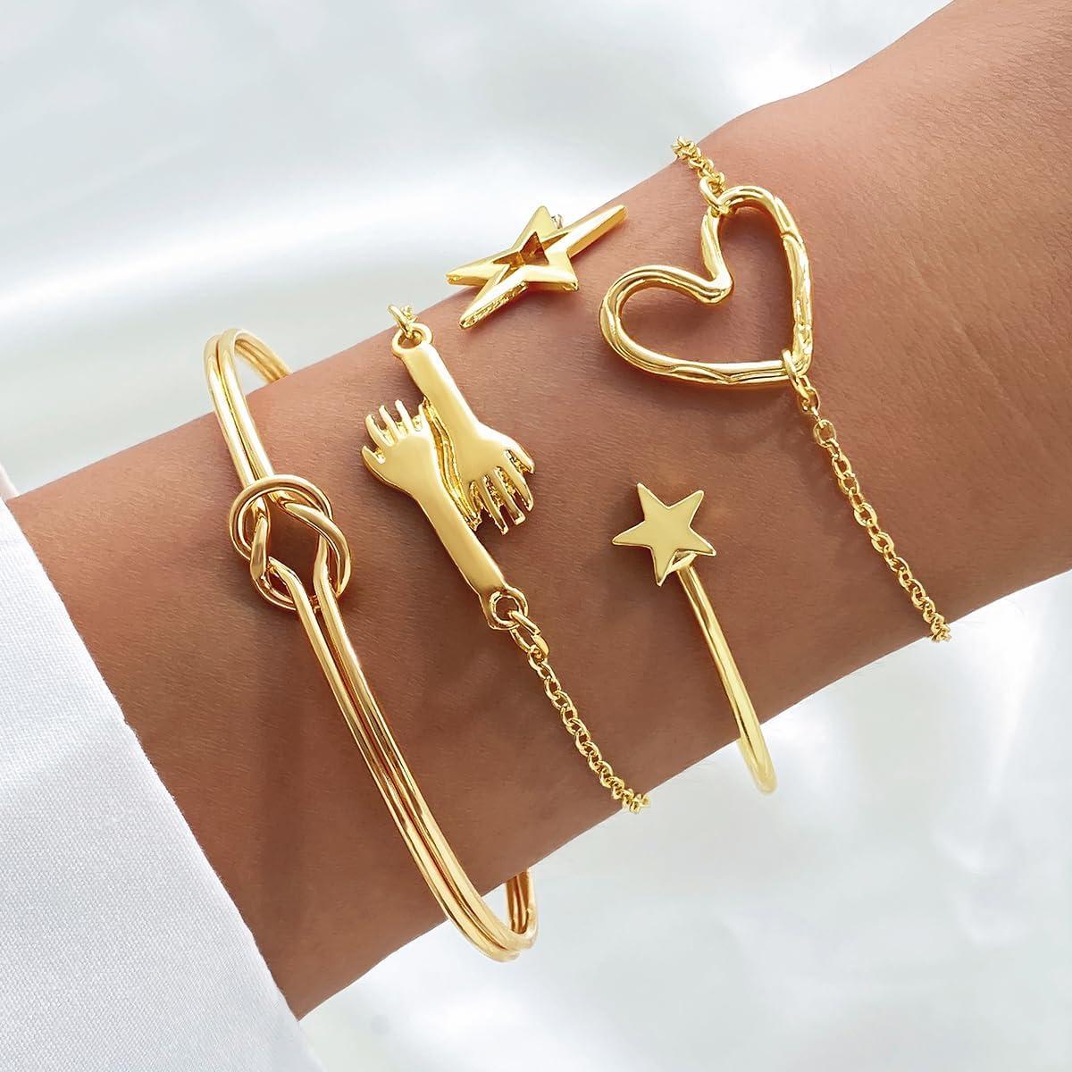 image17IF 4 Pcs Gold Bangle Bracelet for Women Dainty 14k Chunky Trendy Hand Cuff Jewelry Set Charm Stack Accessories Link Adjustable Wrist for Aesthetic OutfitStarHeart