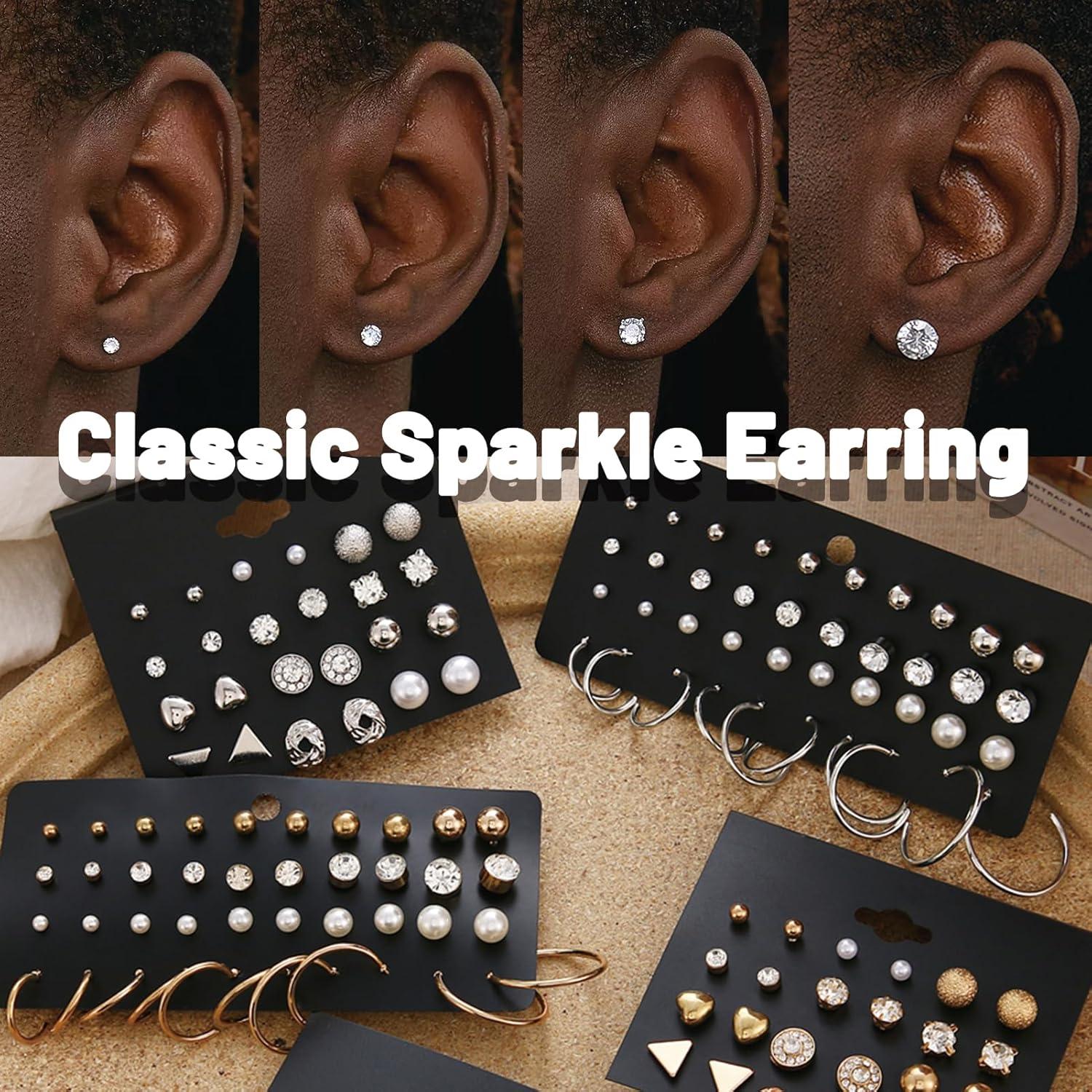 image32 Pairs 14K Gold Plated Tiny to Huge Earring Hoop Stud for Women More Style Earring Sets for Multiple Piercing Stack Set Everyday JewelryGold