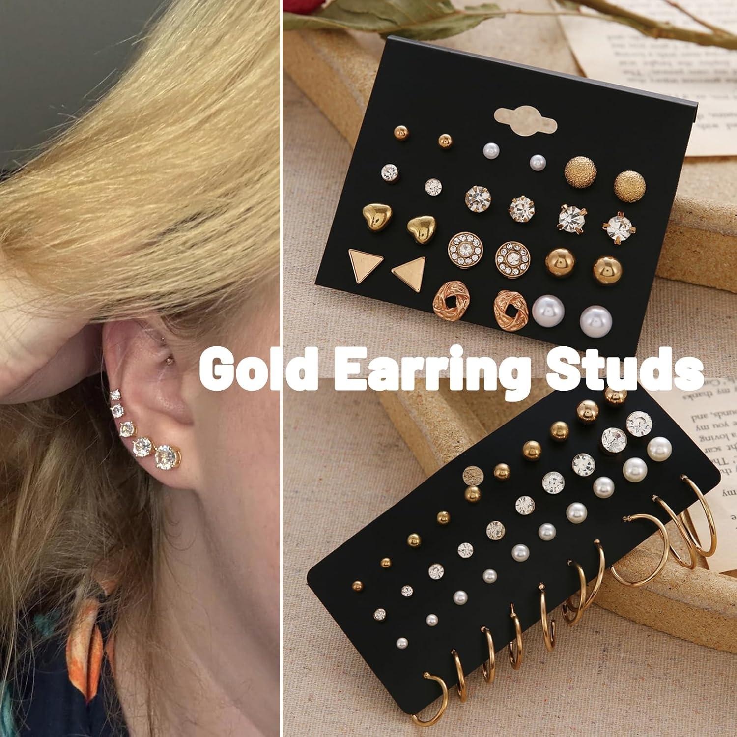 image32 Pairs 14K Gold Plated Tiny to Huge Earring Hoop Stud for Women More Style Earring Sets for Multiple Piercing Stack Set Everyday JewelryGold