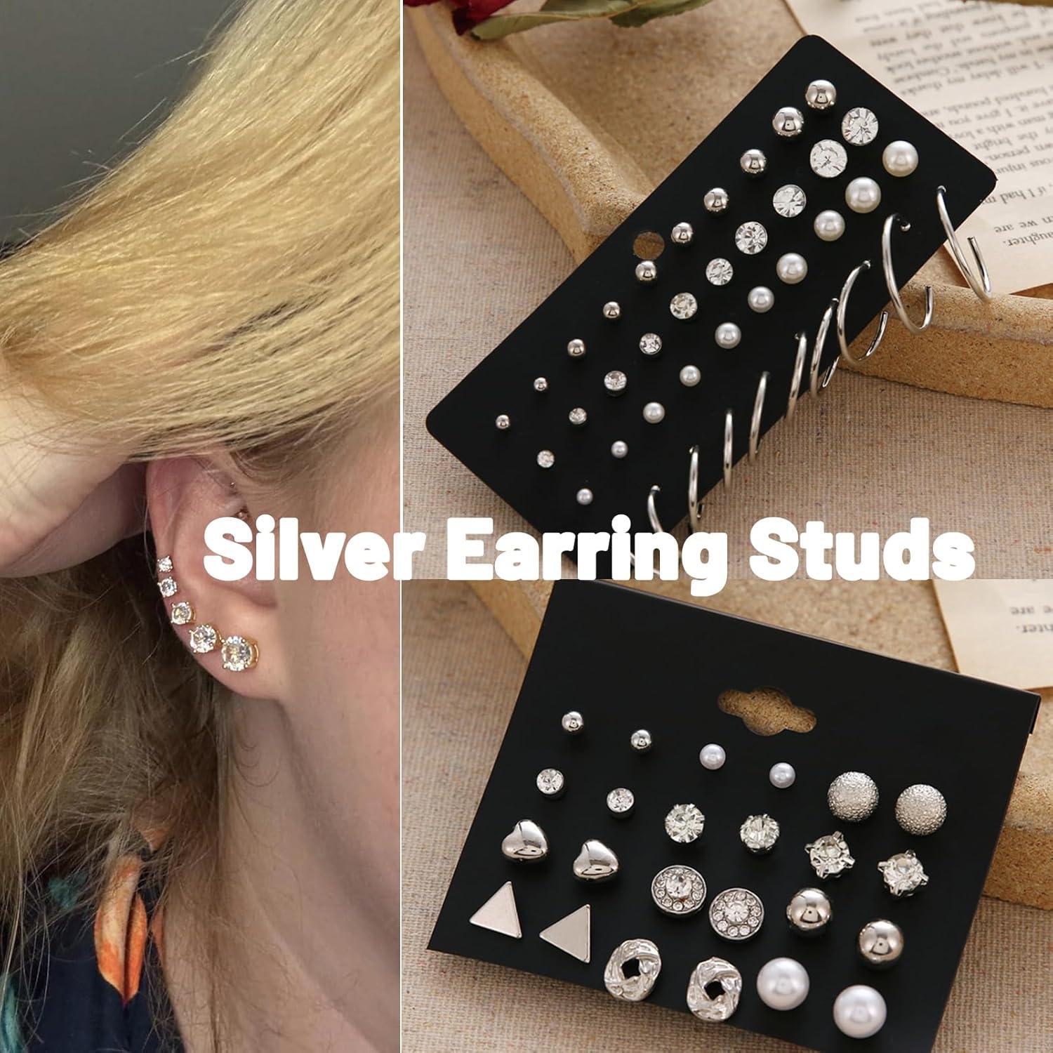 image32 Pairs 14K Gold Plated Tiny to Huge Earring Hoop Stud for Women More Style Earring Sets for Multiple Piercing Stack Set Everyday JewelrySilver
