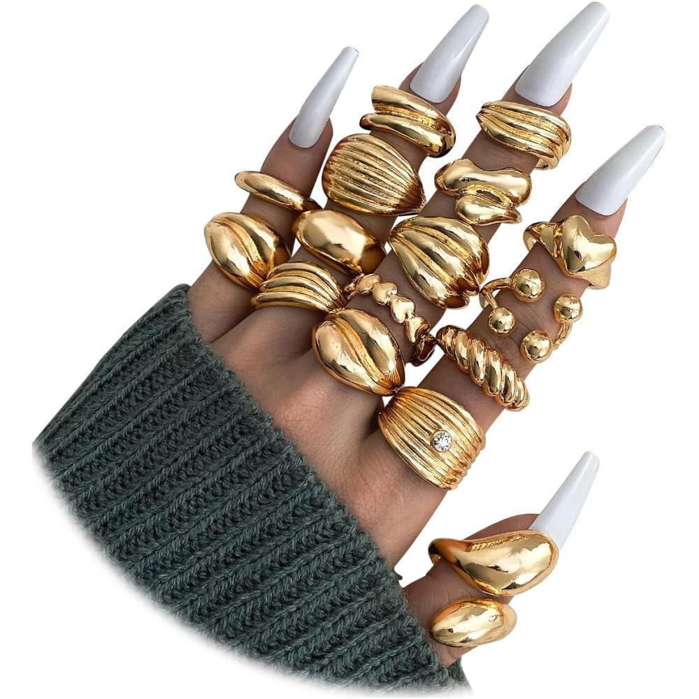 image16 Pcs Chunky Gold Rings Set for Women Classic Thick Adjustable Rings Stackable Midi Finger Womens Stack Ring Pack for Jewelry GiftsAA