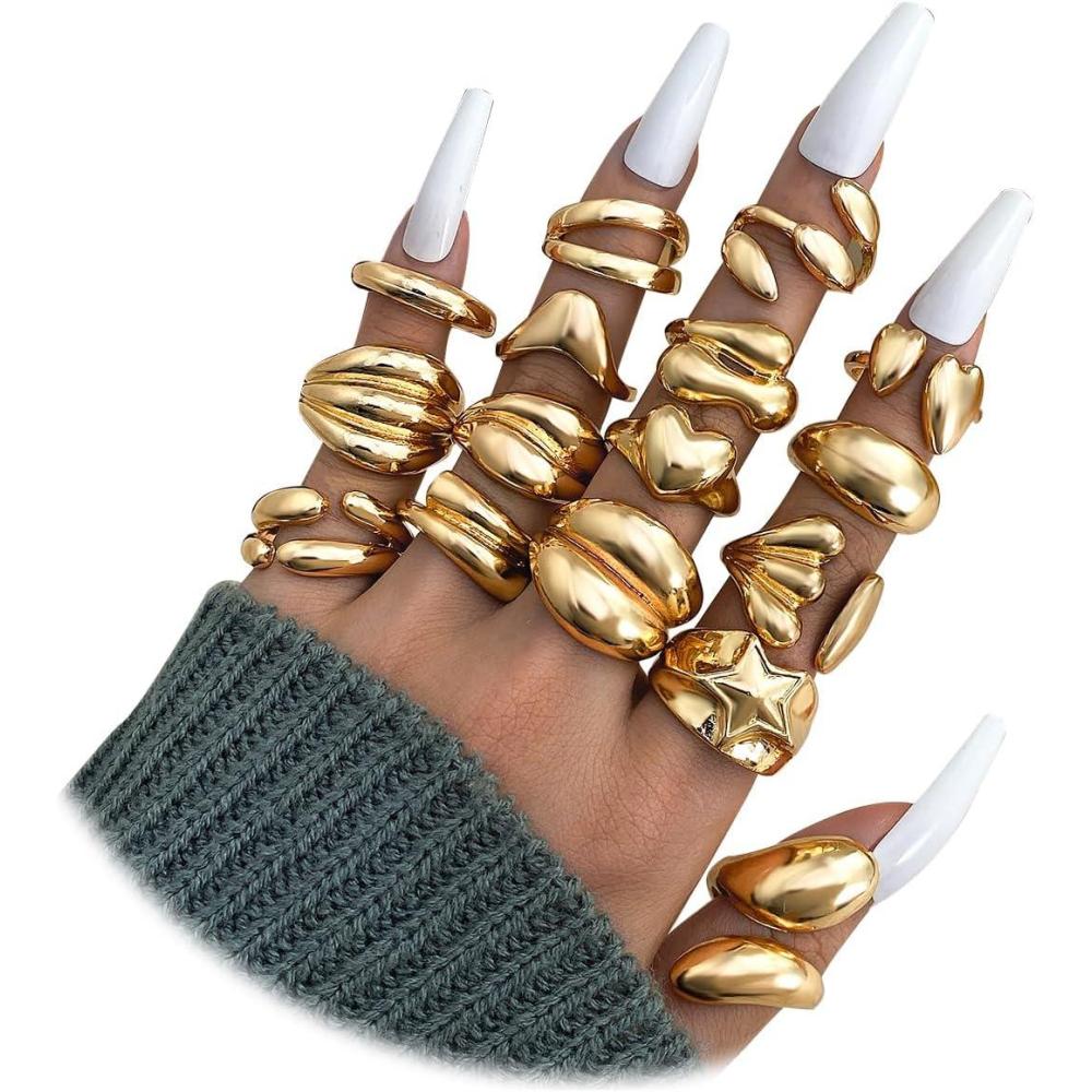 image16 Pcs Chunky Gold Rings Set for Women Classic Thick Adjustable Rings Stackable Midi Finger Womens Stack Ring Pack for Jewelry GiftsCC