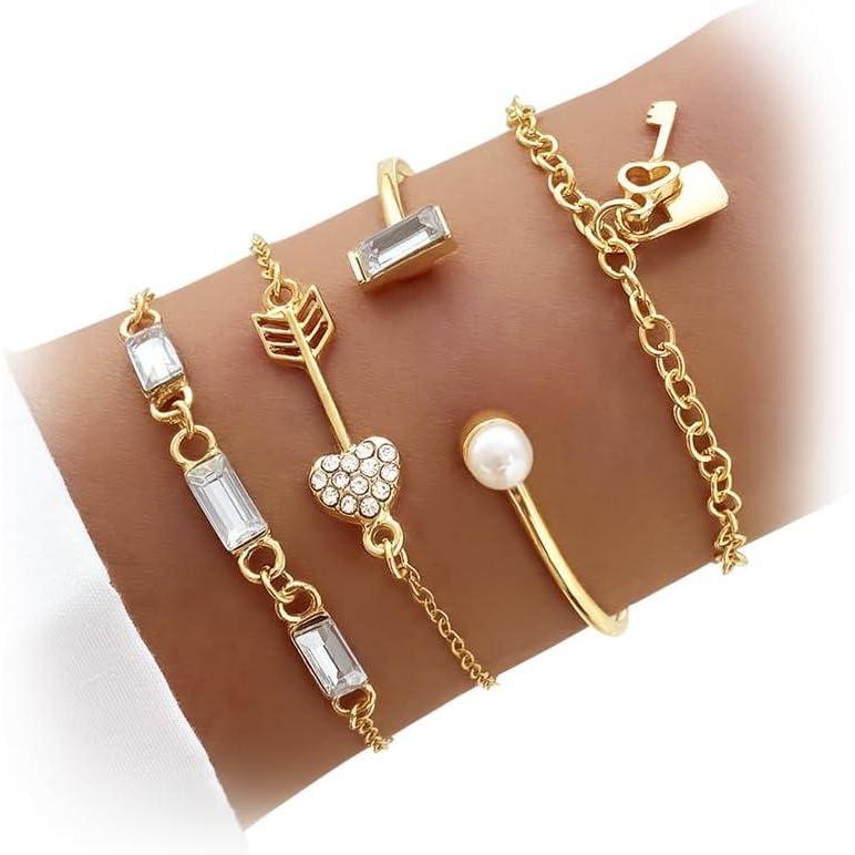 image17IF 4 Pcs Gold Bangle Bracelet for Women Dainty 14k Chunky Trendy Hand Cuff Jewelry Set Charm Stack Accessories Link Adjustable Wrist for Aesthetic OutfitKeyLock