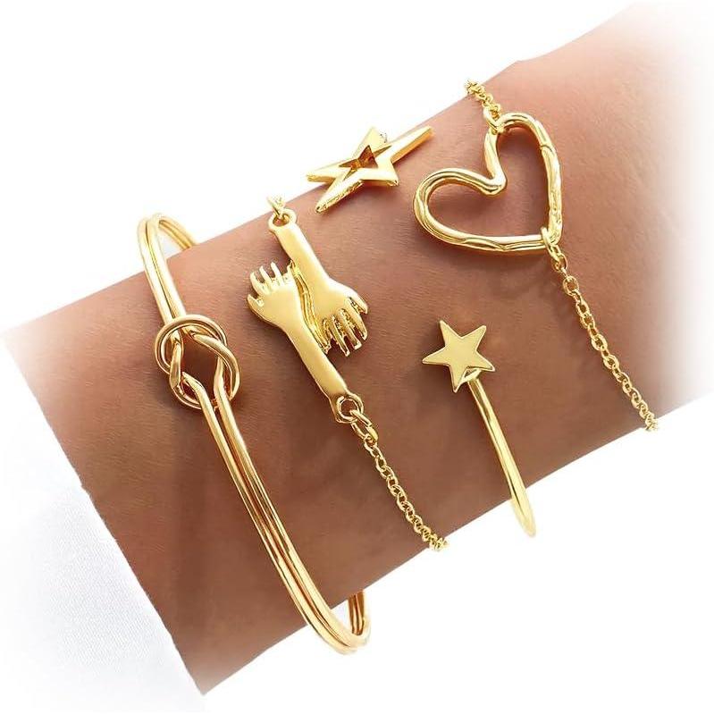 image17IF 4 Pcs Gold Bangle Bracelet for Women Dainty 14k Chunky Trendy Hand Cuff Jewelry Set Charm Stack Accessories Link Adjustable Wrist for Aesthetic OutfitStarHeart