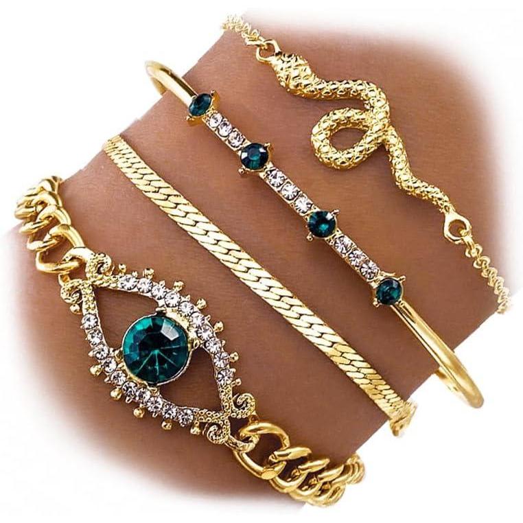 image17IF 4 Pcs Gold Bangle Bracelet for Women Dainty 14k Chunky Trendy Hand Cuff Jewelry Set Charm Stack Accessories Link Adjustable Wrist for Aesthetic OutfitEvilEyes