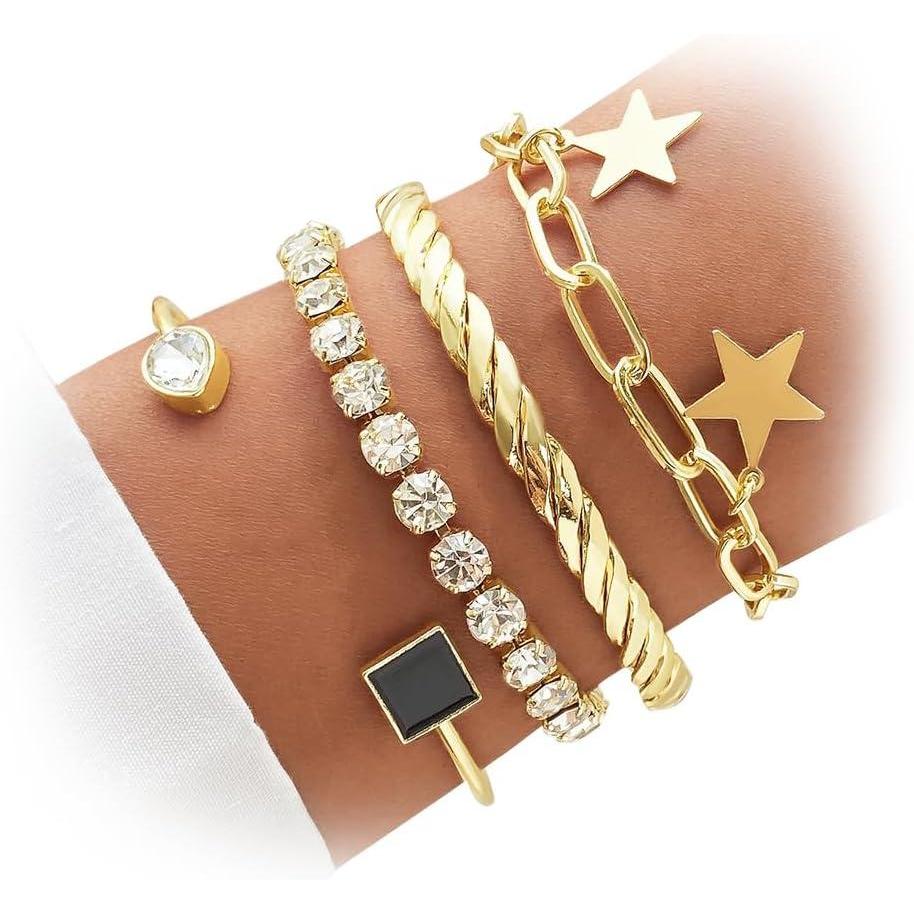 image17IF 4 Pcs Gold Bangle Bracelet for Women Dainty 14k Chunky Trendy Hand Cuff Jewelry Set Charm Stack Accessories Link Adjustable Wrist for Aesthetic OutfitBlack