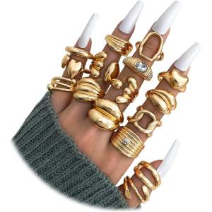 16 Pcs Chunky Gold Rings Set for Women, Classic Thick Adjustable Rings, Stackable Midi Finger Womens Stack Ring Pack for Jewelry Gifts(BB)