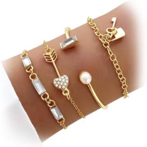 17IF 4 Pcs Gold Bangle Bracelet for Women, Dainty 14k Chunky Trendy Hand Cuff Jewelry Set Charm Stack Accessories Link Adjustable Wrist for Aesthetic Outfit(KeyLock)