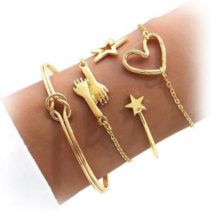 17IF 4 Pcs Gold Bangle Bracelet for Women, Dainty 14k Chunky Trendy Hand Cuff Jewelry Set Charm Stack Accessories Link Adjustable Wrist for Aesthetic Outfit(StarHeart)