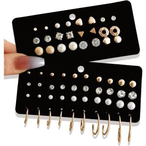 32 Pairs 14K Gold Plated Tiny to Huge Earring Hoop Stud for Women, More Style Earring Sets for Multiple Piercing Stack Set Everyday Jewelry(Gold)