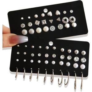 32 Pairs 14K Gold Plated Tiny to Huge Earring Hoop Stud for Women, More Style Earring Sets for Multiple Piercing Stack Set Everyday Jewelry(Silver)