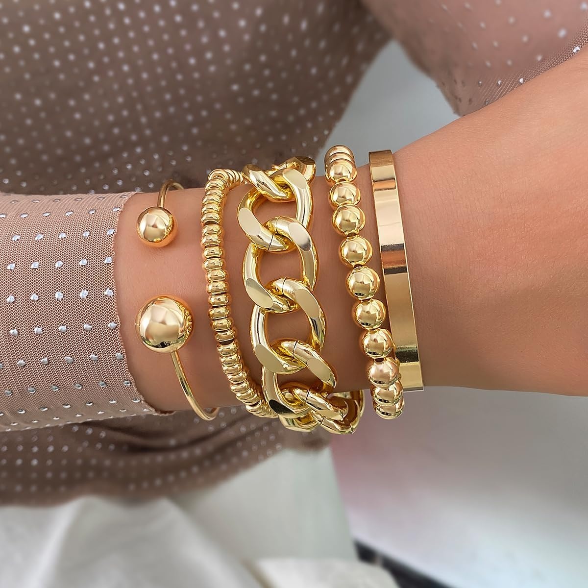image:image17IF 5 Pcs Golden Silver Bracelets for Women 14K Gold Plated Links Cuban Link Beaded Adjustable Fashion Jewelry for Daily Wear Party GiftsGolden