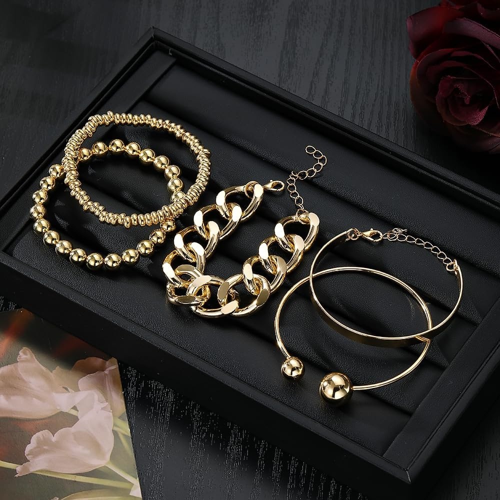 image:image17IF 5 Pcs Golden Silver Bracelets for Women 14K Gold Plated Links Cuban Link Beaded Adjustable Fashion Jewelry for Daily Wear Party GiftsGolden