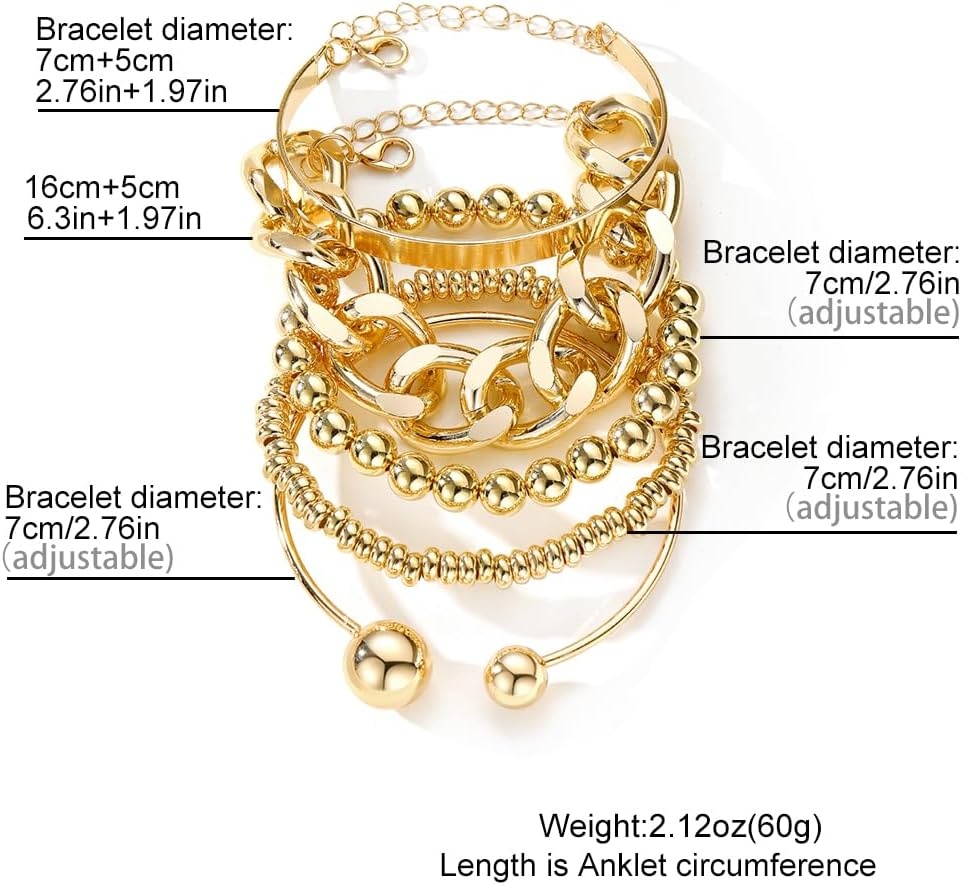 image:image17IF 5 Pcs Golden Silver Bracelets for Women 14K Gold Plated Links Cuban Link Beaded Adjustable Fashion Jewelry for Daily Wear Party GiftsGolden