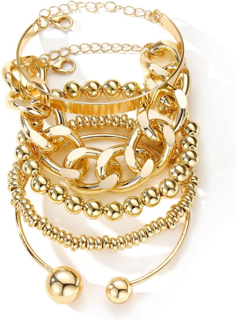 image:image17IF 5 Pcs Golden Silver Bracelets for Women 14K Gold Plated Links Cuban Link Beaded Adjustable Fashion Jewelry for Daily Wear Party GiftsGolden