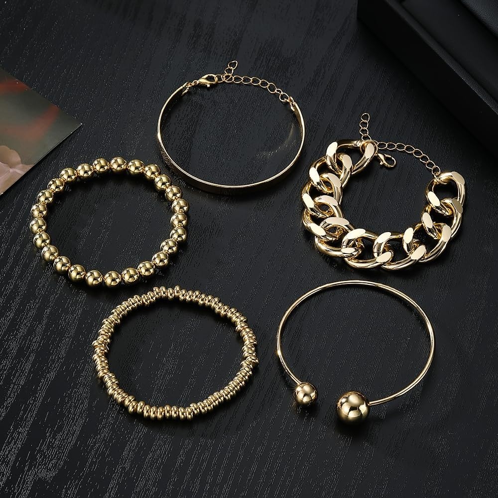image:image17IF 5 Pcs Golden Silver Bracelets for Women 14K Gold Plated Links Cuban Link Beaded Adjustable Fashion Jewelry for Daily Wear Party GiftsGolden