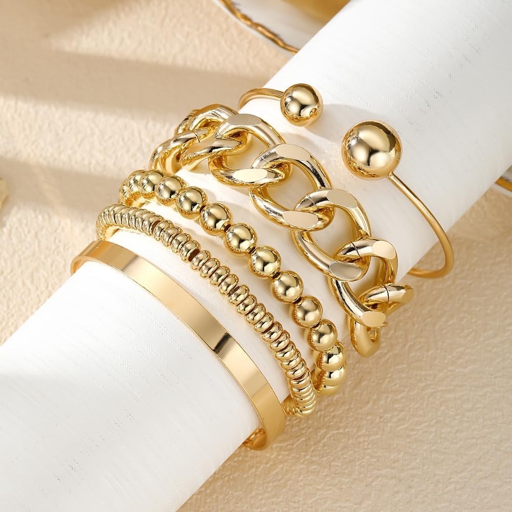 image:image17IF 5 Pcs Golden Silver Bracelets for Women 14K Gold Plated Links Cuban Link Beaded Adjustable Fashion Jewelry for Daily Wear Party GiftsGolden