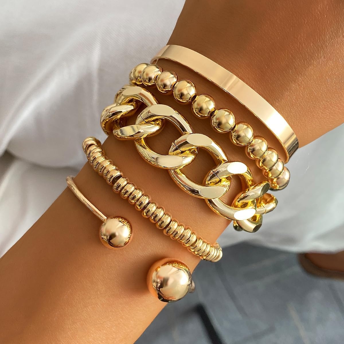 image:image17IF 5 Pcs Golden Silver Bracelets for Women 14K Gold Plated Links Cuban Link Beaded Adjustable Fashion Jewelry for Daily Wear Party GiftsGolden