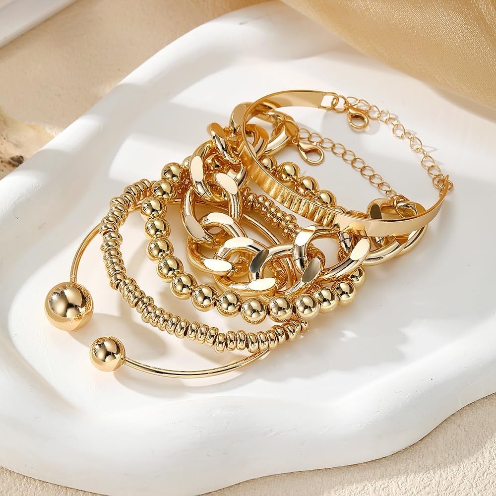 image:image17IF 5 Pcs Golden Silver Bracelets for Women 14K Gold Plated Links Cuban Link Beaded Adjustable Fashion Jewelry for Daily Wear Party GiftsGolden