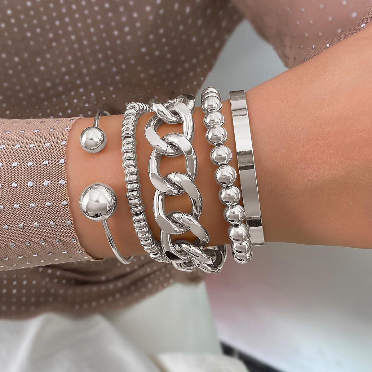 image:image17IF 5 Pcs Golden Silver Bracelets for Women 14K Gold Plated Links Cuban Link Beaded Adjustable Fashion Jewelry for Daily Wear Party GiftsSilvery