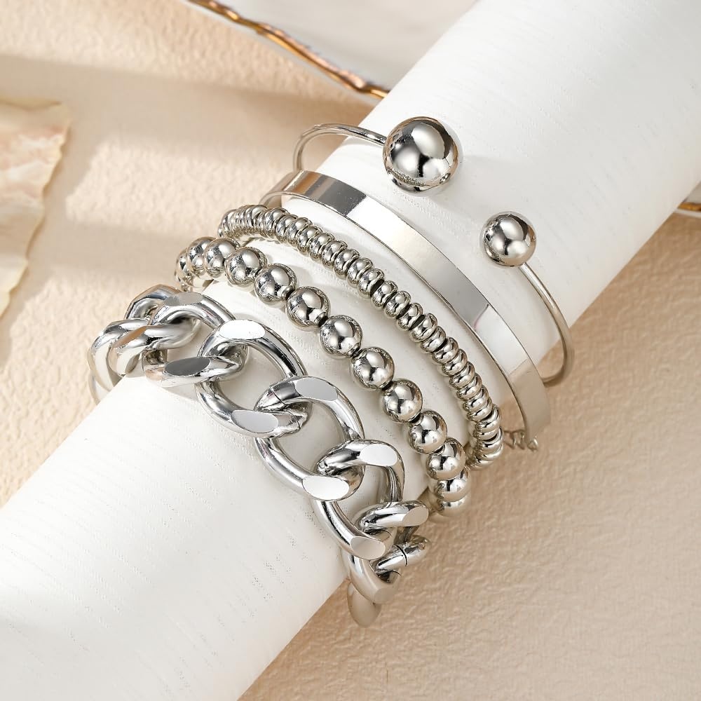 image:image17IF 5 Pcs Golden Silver Bracelets for Women 14K Gold Plated Links Cuban Link Beaded Adjustable Fashion Jewelry for Daily Wear Party GiftsSilvery