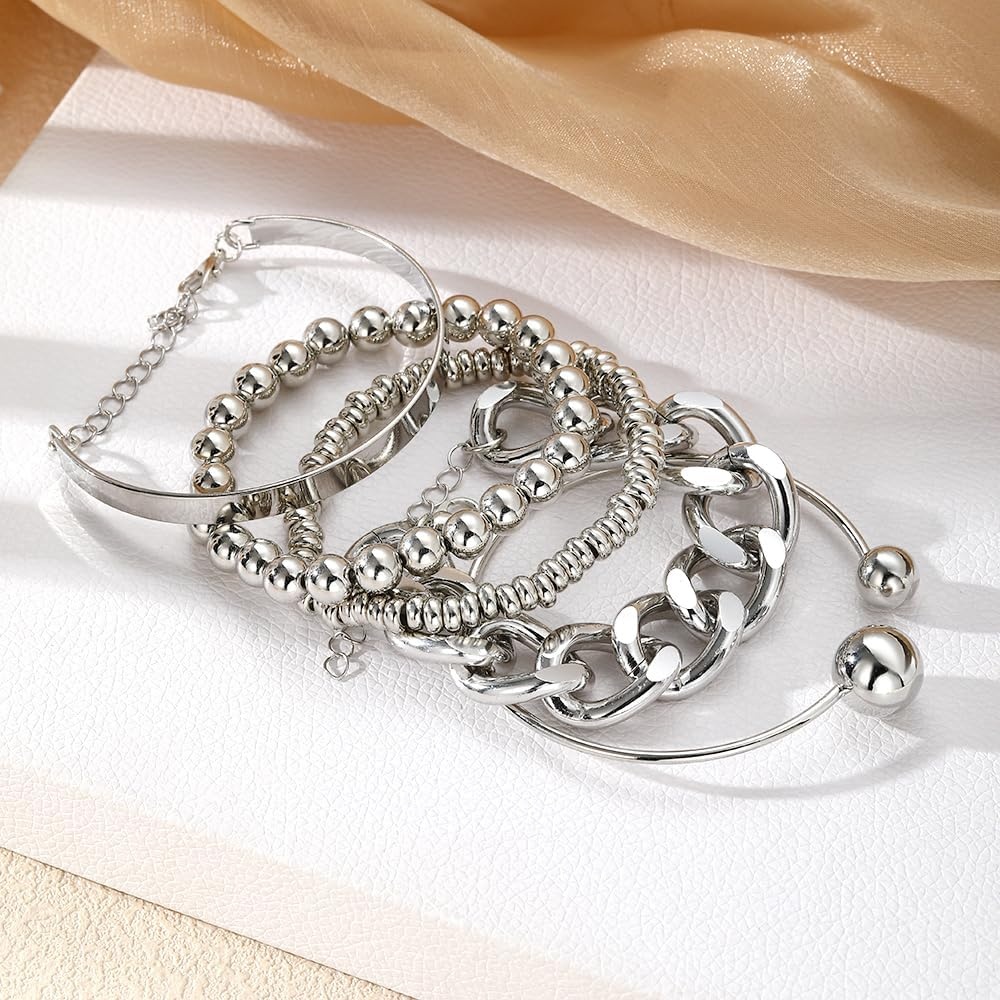 image:image17IF 5 Pcs Golden Silver Bracelets for Women 14K Gold Plated Links Cuban Link Beaded Adjustable Fashion Jewelry for Daily Wear Party GiftsSilvery