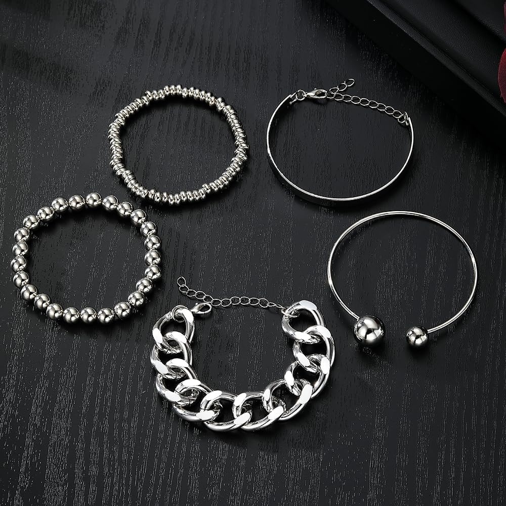 image:image17IF 5 Pcs Golden Silver Bracelets for Women 14K Gold Plated Links Cuban Link Beaded Adjustable Fashion Jewelry for Daily Wear Party GiftsSilvery