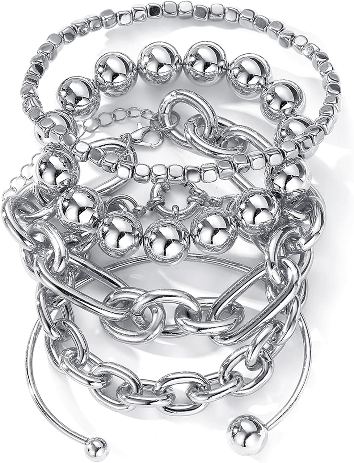 image:image17IF 5 Pcs Golden Silver Bracelets for Women 14K Gold Plated Links Cuban Link Beaded Adjustable Fashion Jewelry for Daily Wear Party GiftsSilvery