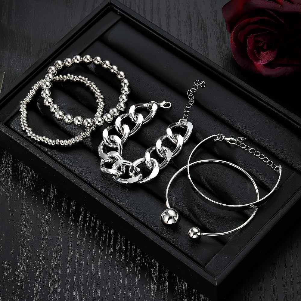 image:image17IF 5 Pcs Golden Silver Bracelets for Women 14K Gold Plated Links Cuban Link Beaded Adjustable Fashion Jewelry for Daily Wear Party GiftsSilvery