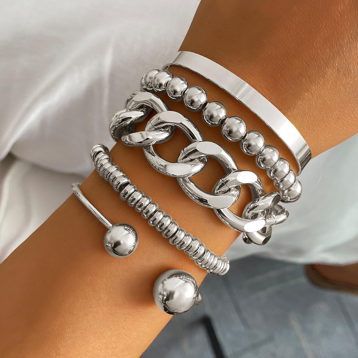 image:image17IF 5 Pcs Golden Silver Bracelets for Women 14K Gold Plated Links Cuban Link Beaded Adjustable Fashion Jewelry for Daily Wear Party GiftsSilvery