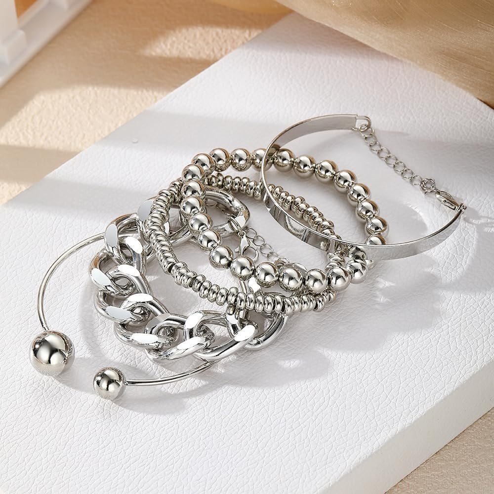 image:image17IF 5 Pcs Golden Silver Bracelets for Women 14K Gold Plated Links Cuban Link Beaded Adjustable Fashion Jewelry for Daily Wear Party GiftsSilvery