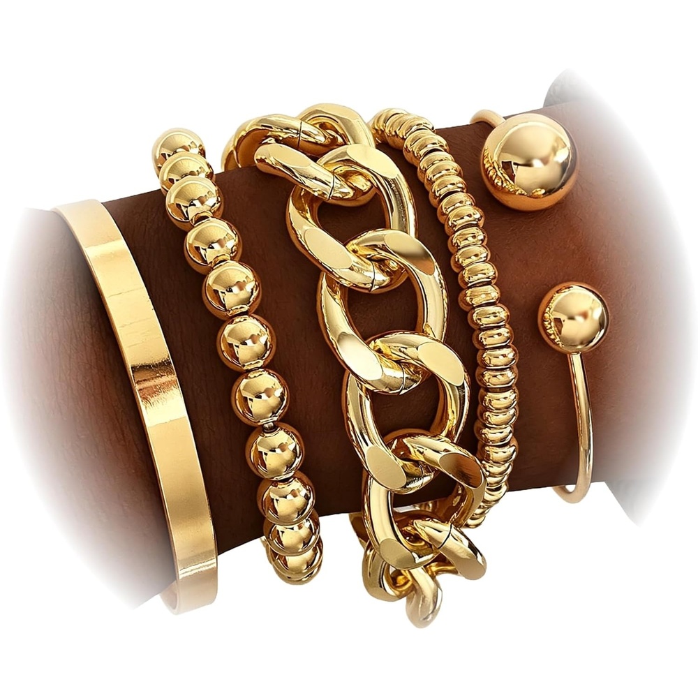 image:image17IF 5 Pcs Golden Silver Bracelets for Women 14K Gold Plated Links Cuban Link Beaded Adjustable Fashion Jewelry for Daily Wear Party GiftsGolden