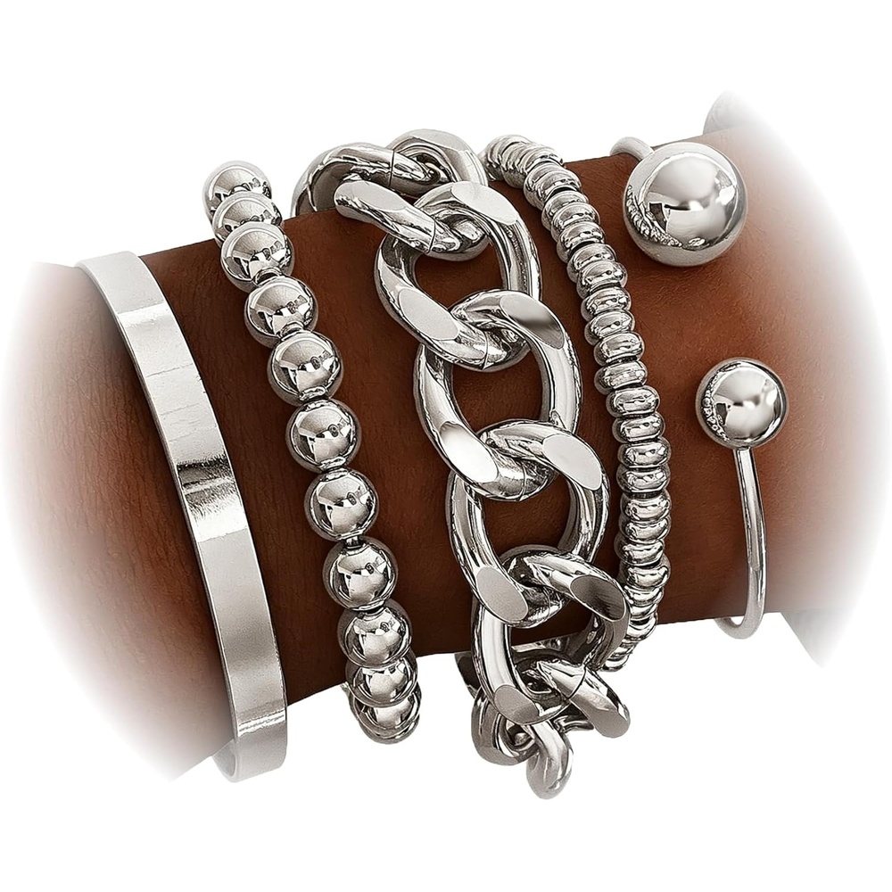 image:image17IF 5 Pcs Golden Silver Bracelets for Women 14K Gold Plated Links Cuban Link Beaded Adjustable Fashion Jewelry for Daily Wear Party GiftsSilvery