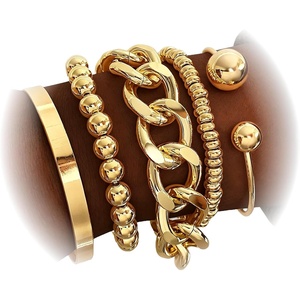 17IF 5 Pcs Golden Silver Bracelets for Women 14K Gold Plated Links, Cuban Link Beaded Adjustable Fashion Jewelry for Daily Wear Party Gifts(Golden)