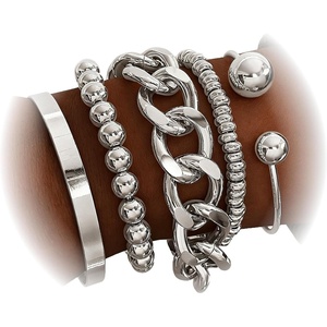 17IF 5 Pcs Golden Silver Bracelets for Women 14K Gold Plated Links, Cuban Link Beaded Adjustable Fashion Jewelry for Daily Wear Party Gifts(Silvery)