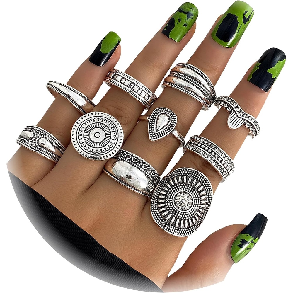 image:image17IF Stackable Rings for Women 1019 Pcs Vintage Silver Rings Set Goth Boho Punk Stacking Rings Retro Alloy Knuckle Finger Rings for Daily Wear Party GiftSilver10pcs